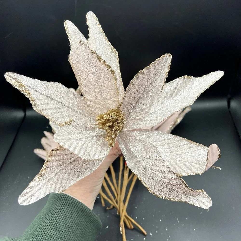 10 CHRISTMAS Poinsettia Rose Gold Glitter Tree Decor Floral‎ Pick Stem Pale Pink